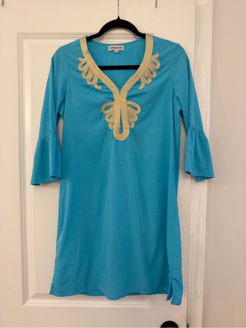 Boden Blue Tunic Dress with Gold Embroidered V-Neck